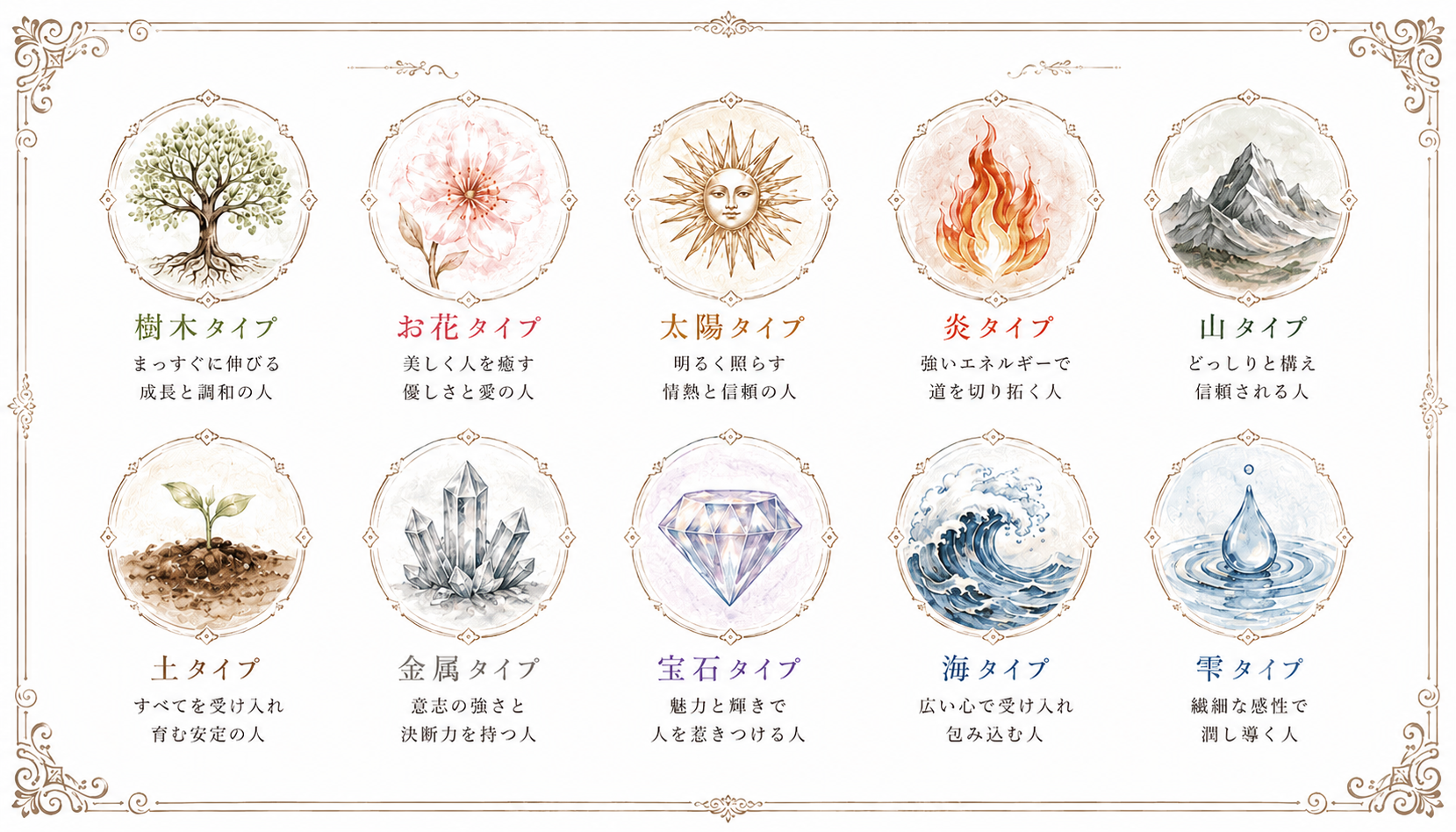 四柱推命10タイプ：樹木タイプ・お花タイプ・太陽タイプ・炎タイプ・山タイプ・土タイプ・金属タイプ・宝石タイプ・海タイプ・雫タイプ